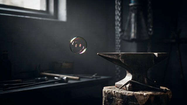 Traditional blacksmithing anvil with soap bubbles in a rustic workshop setting