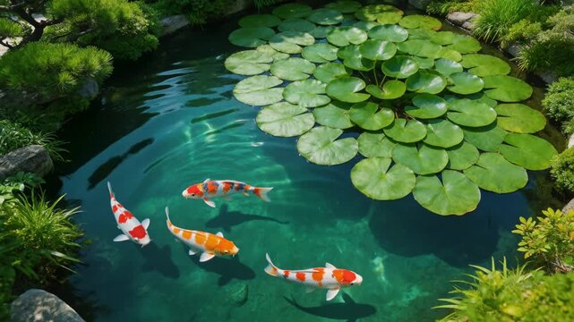 Top view of turquoise koi pond with colorful fish and floating lily pads in peaceful garden setting. Relaxing nature scene for wellness, meditation, spa, and harmony concepts.