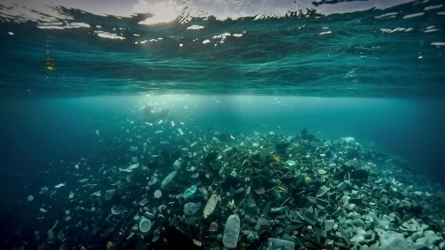 Underwater ocean scene with sunlight rays penetrating deep blue water above floating plastic waste pollution, environmental crisis concept.