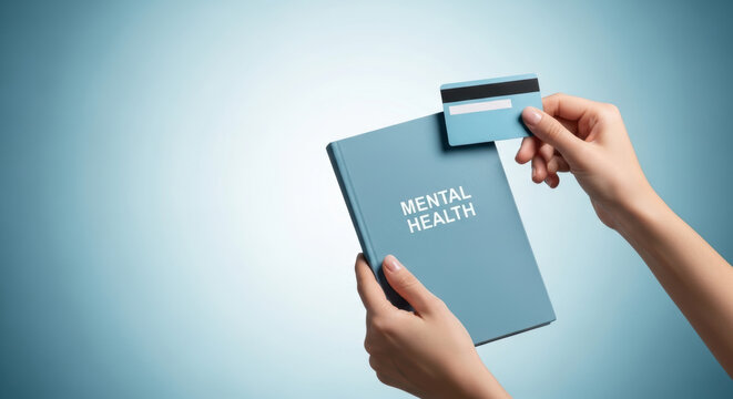 Mental health book and credit card in hands symbolize consumer spending trends on wellness and self care products for emotional support and growth