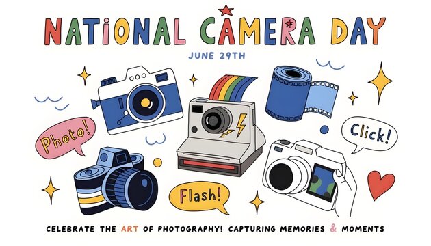 Photography celebration event poster with vintage cameras and festive decorations for national day