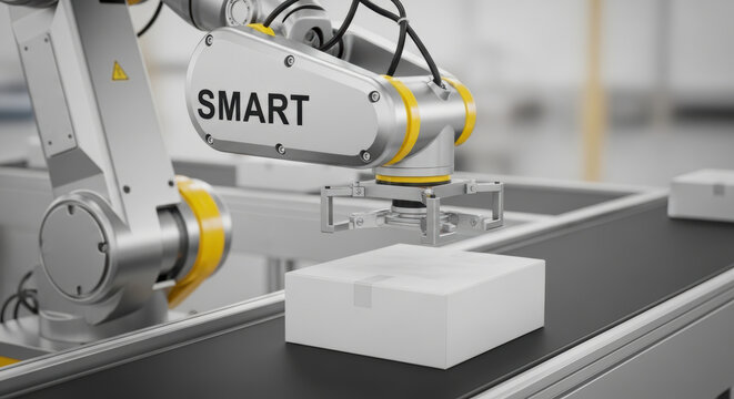 Smart robotic arm handling white box on conveyor belt showing e commerce logistics evolution in automated warehouse