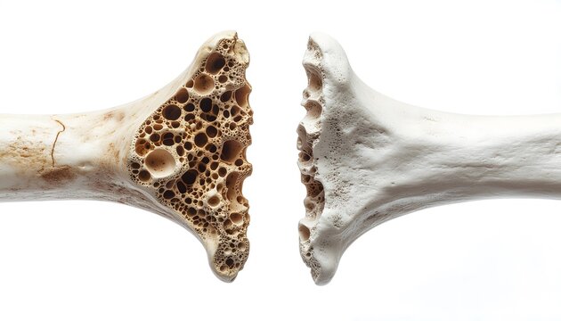 Close-up comparison of two anatomical bone models showing a cross-section of internal porous structure degradation versus solid surface joint, isolated on a white background