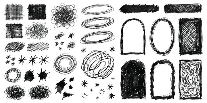 Collection of hand drawn pencil scribble frames shapes and ink brush strokes for creative design
