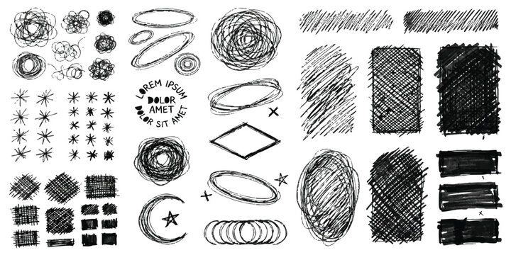 Set of hand drawn pencil scribble shapes and textured brush strokes