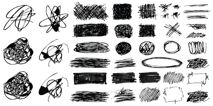 Set of hand drawn black pencil scribble shapes and rough ink sketches
