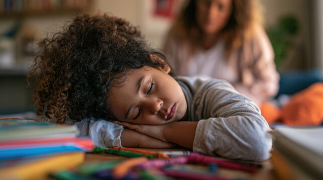 A young girl with curly hair sleeps on a desk filled with colorful school supplies while a woman watches her in the background.