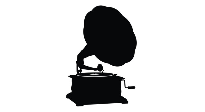 Vintage gramophone with horn and turntable black silhouette