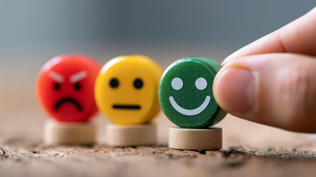 A hand places a green happy face emoji icon in a row with neutral and angry face icons, symbolizing positive.