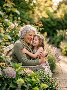 Grandmother and granddaughter hugging on a garden bench with flowers