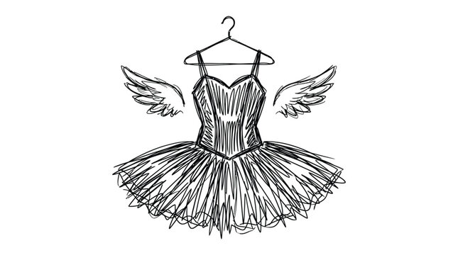 Elegant black and white hand drawn vector illustration of a ballerina tutu with angel wings