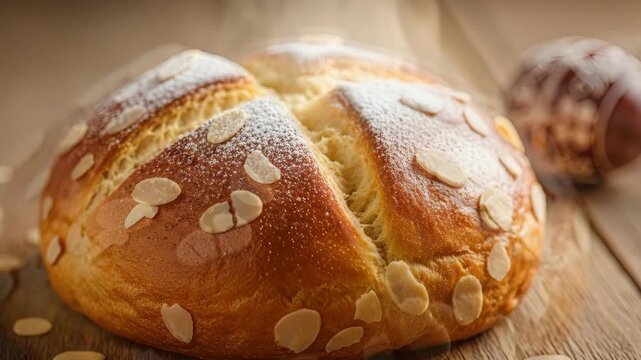 Easter braided bread topped with powdered sugar and almonds. Sliced traditional pastry on wooden surface with decorated eggs. Holiday baking concept for spring celebrations