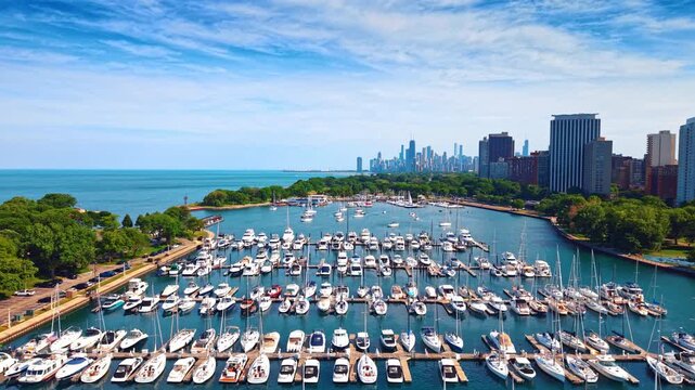 Monroe Harbor boats and Lake Michigan shoreline, Chicago, Illinois. North across packed sailboat slips, turquoise open water, green parkland and the distant city skyline.
