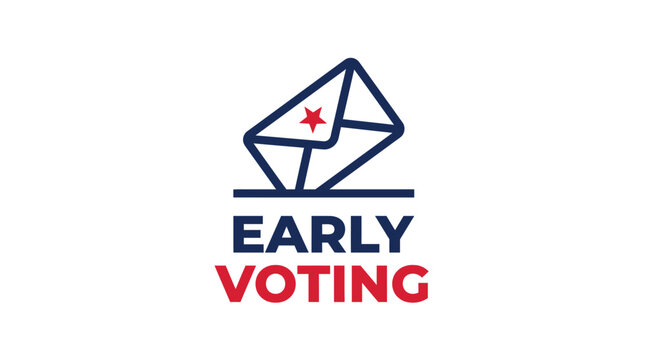 Minimalist early voting emblem featuring a stylized envelope icon with a bold red star symbol