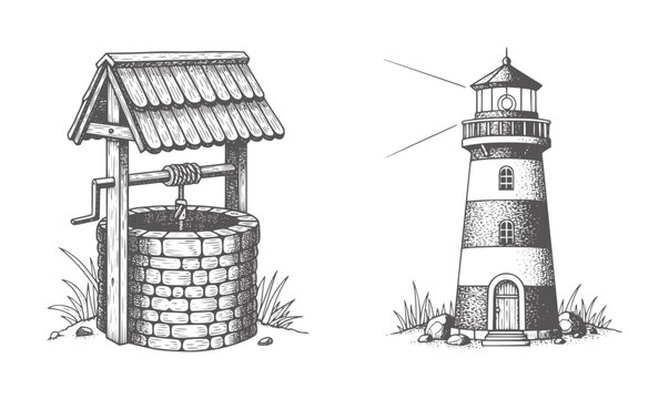 Vintage well and striped lighthouse in style stone brick