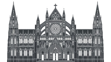Obraz premium Intricate gothic cathedral vector illustration featuring detailed pointed arches and a large central rose window design