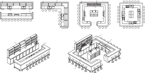Obraz premium Commercial Bar Design Layouts Featuring Floor Plans and Isometric Views for Restaurant and Hospitality Interior Planning Projects