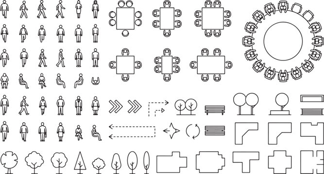 Architectural site plan elements set with people silhouettes, furniture, trees, and building footprints in vector line art