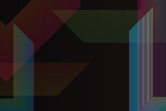 Geometric abstract composition with intersecting parallel neon lines on a solid black background