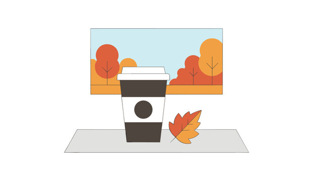 Disposable coffee cup on a table with a dry autumn leaf and a background featuring a scenic fall forest view.