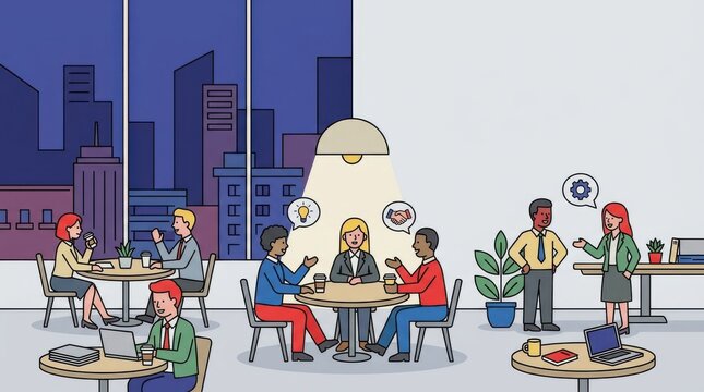 Business people working and meeting in a modern night office illustration