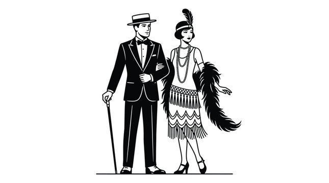 Elegant man and woman dressed in nineteen twenties vintage style clothing vector graphic art illustration