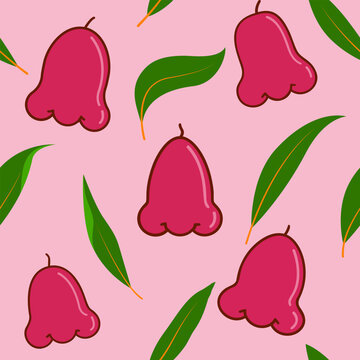 Seamless pattern featuring drawing rose apple and leaves on pink background. Vector illustration design suitable for fabric, textile and decoration.