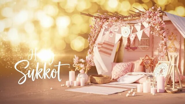 Festive sukkah booth with branches flowers and candles for Sukkot holiday. Traditional Jewish temporary dwelling decorated in pink tones with Star of David. Celebration of harvest joy and autumn