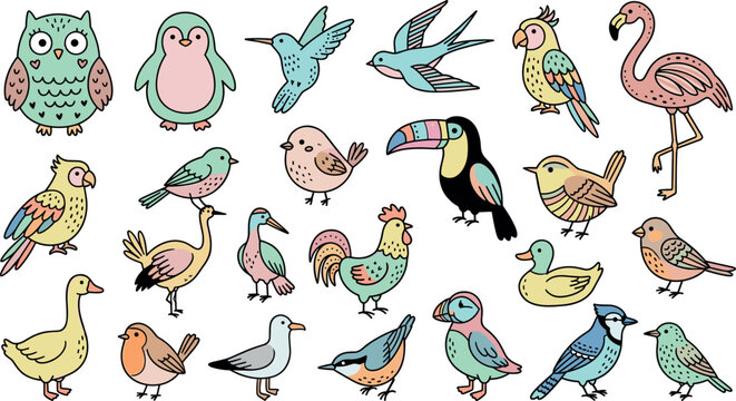 Cute Hand Drawn Bird Vector Illustration Set with Owl Penguin Hummingbird Parrot Flamingo Toucan Rooster Duck and Puffin Icons for Nursery Graphic Designs