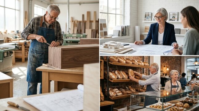 Senior business owner collage with carpenter architect and baker working in retail shop