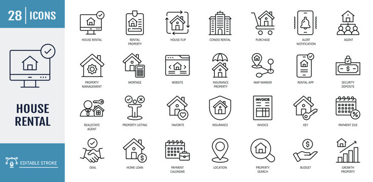 House rental icons set. including property types, characteristics, documents, and more. Pictograms and infographics. editable stroke. vector illustration