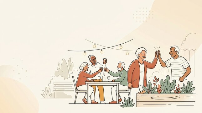 Senior friends illustration having dinner and giving high five in garden banner