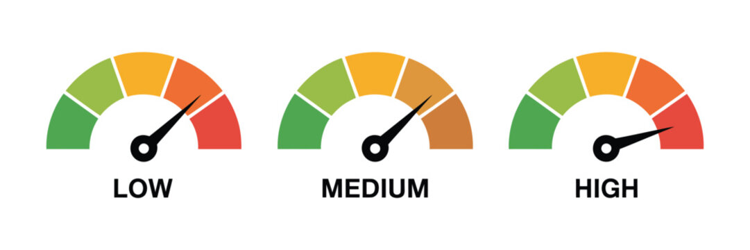 Gauge Set of Three Color-Coded Semi Circular Dashboard Performance Meters Showing Low Medium High Needle Positions