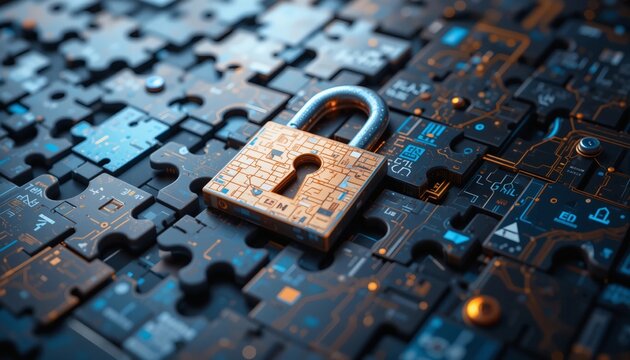 Digital security padlock guarding abstract technology puzzle