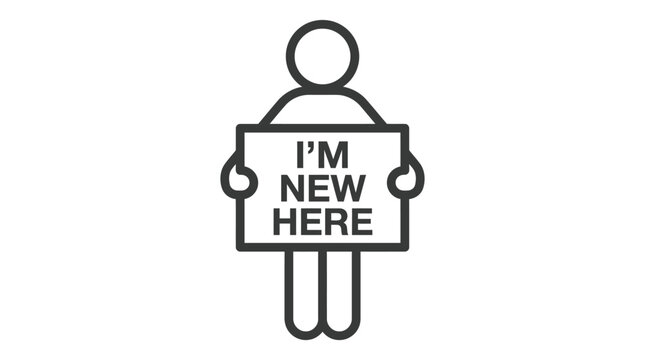 Minimalist black line art figure holding a rectangular sign with the text i am new
