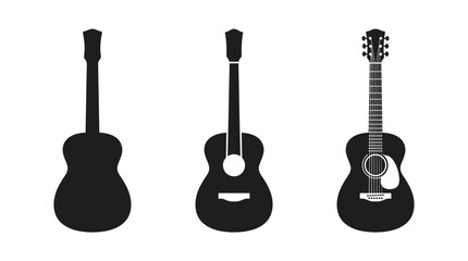 Fototapeta premium Three acoustic guitar silhouettes with different levels of detail isolated on white background, perfect for music logo design, concert posters and creative graphic elements
