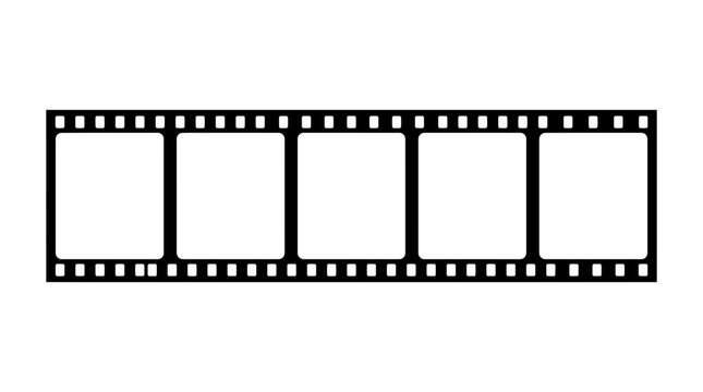 Black film strip with five blank frames isolated on white background, perfect for photography presentation, cinema portfolio and video editing