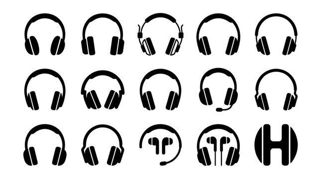 Black headphone and headset icon set isolated on white background, perfect for music application design, call center branding and audio equipment marketing