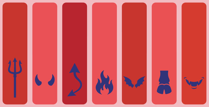 Collection of devilish symbols and icons in shades of red and pink, representing evil and temptation.