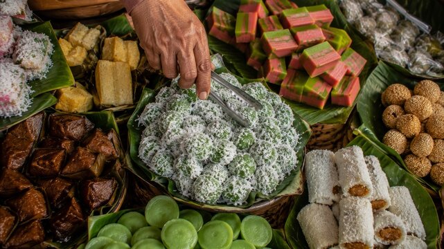 Indonesian market snacks arranged on banana leaves