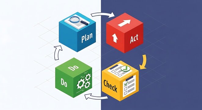 Isometric PDCA cycle diagram with colorful cubes, Plan Do Check Act business process model, continuous improvement management methodology