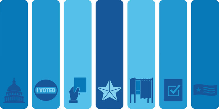 Set of icons representing voting and democracy, including a capitol building, 'I Voted' sticker, ballot, star, voting booths, checkmark, and flag.