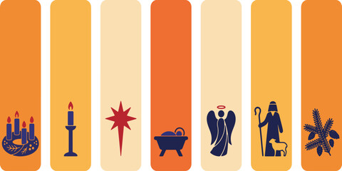 Obraz premium Christmas Nativity Scene Icons and Symbols on Vertical Stripes.