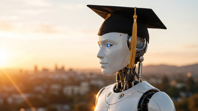 Humanoid robot wearing graduation cap at sunset symbolizing artificial intelligence education and futuristic technology learning.