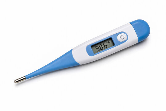 Digital medical thermometer showing a normal human body temperature reading of ninety eight point six degrees fahrenheit captured in a bright studio environment with a clean and isolated white backgro