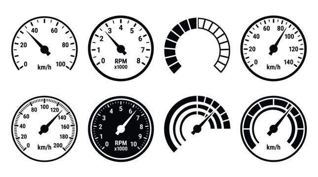 Set of black and white circular speedometers and tachometer gauges for modern automotive dashboard design
