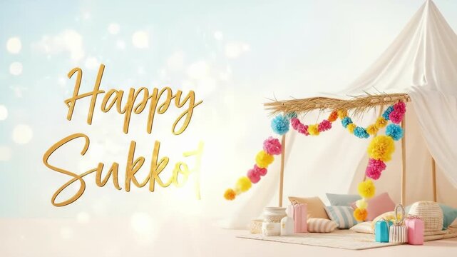 Sukkot sukkah booth with colorful hanging garlands and pom poms. Festive Jewish holiday shelter decorated with pillows and gifts. Traditional autumn harvest festival setup for celebration