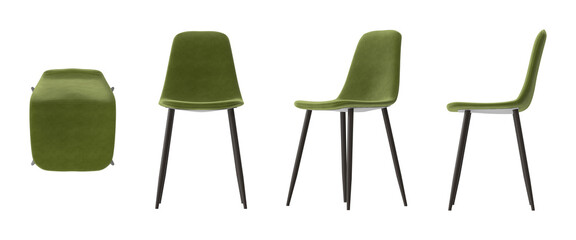 Fototapeta premium Modern green upholstered dining chair with dark metal legs shown from multiple angles
