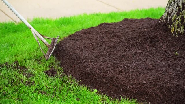 Close up footage of Landscaper raking fresh mulch around bushes in garden. Care and yard maintenance 