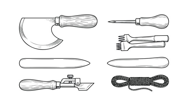 Leather Crafting Tools Engraved Illustration Set on White Background
